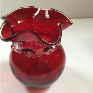Vintage Ruby Red Glass Globe Ruffled Edge Vase 5”